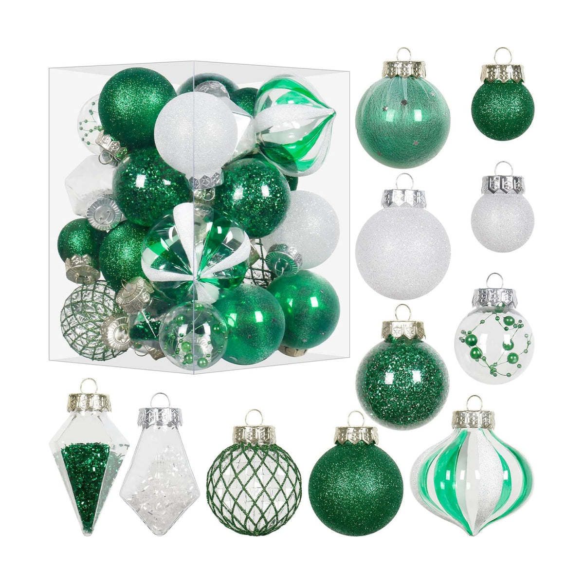 34PCS Green/White Christmas Ball Ornaments Set for Tree Decor