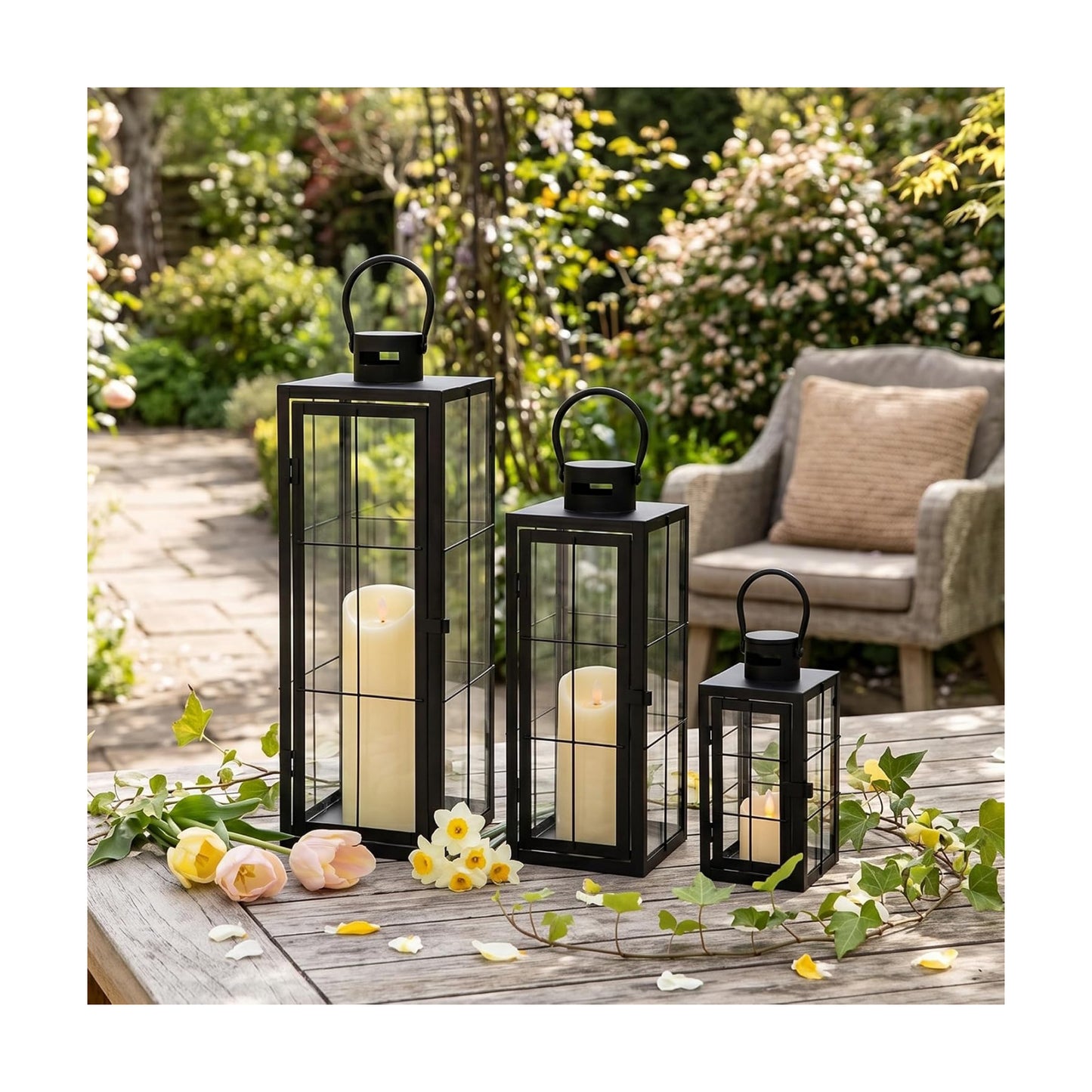 TRIROCKS Metal Candle Lantern Set of 3 - Assorted Sizes (9/15.5/19.5 Inch) - Tall Decorative Hanging Lanterns with