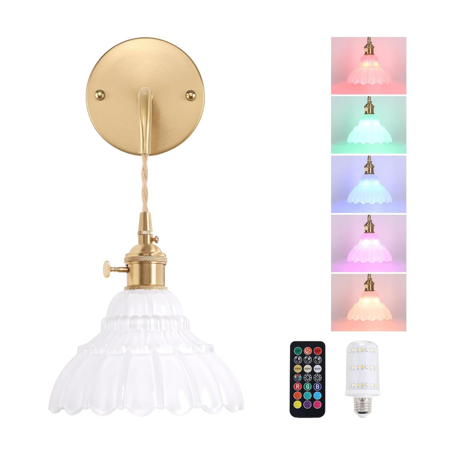 Shenmoyl Battery Operated Wall Sconce with White Lily of the Valley Shade Glass Adjustable Chain Retro Wall Light