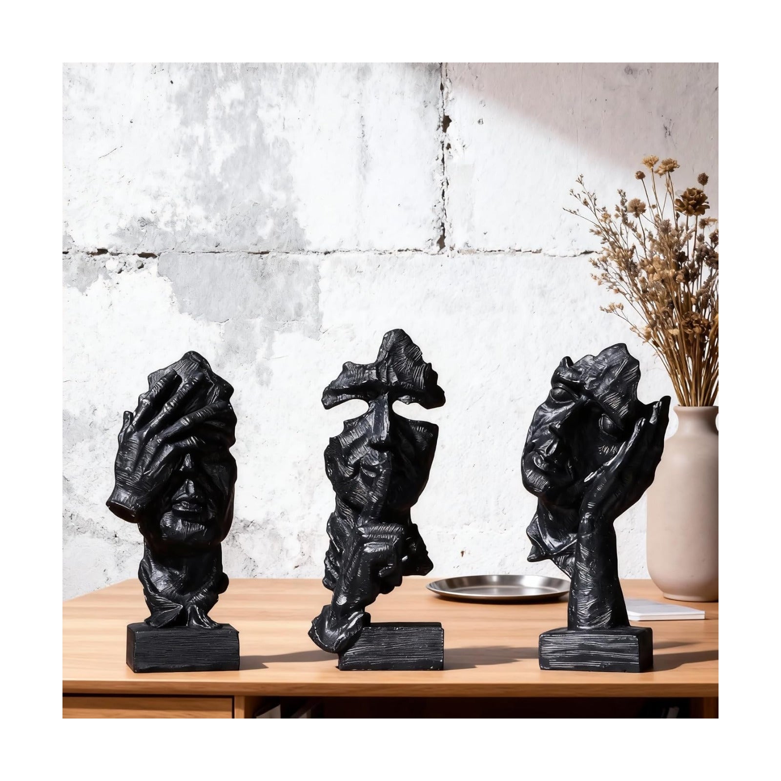 Thinker Statue / Silence is Abstract Art Figurine / Black / Set of 3