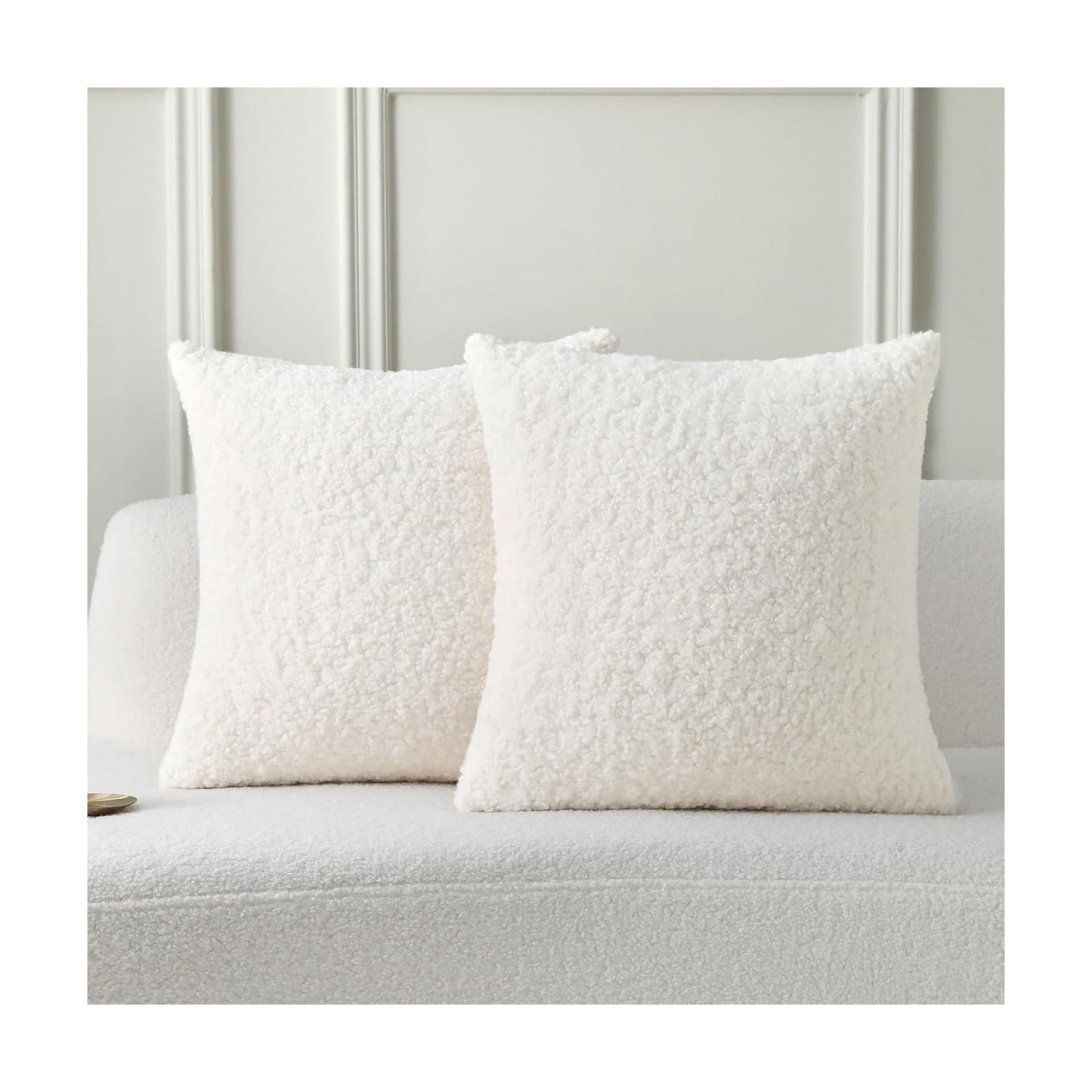 Furry Faux Fur Teddy Boucle Textured Cushion Covers / Cream White / 18 x 18 / Set of 2
