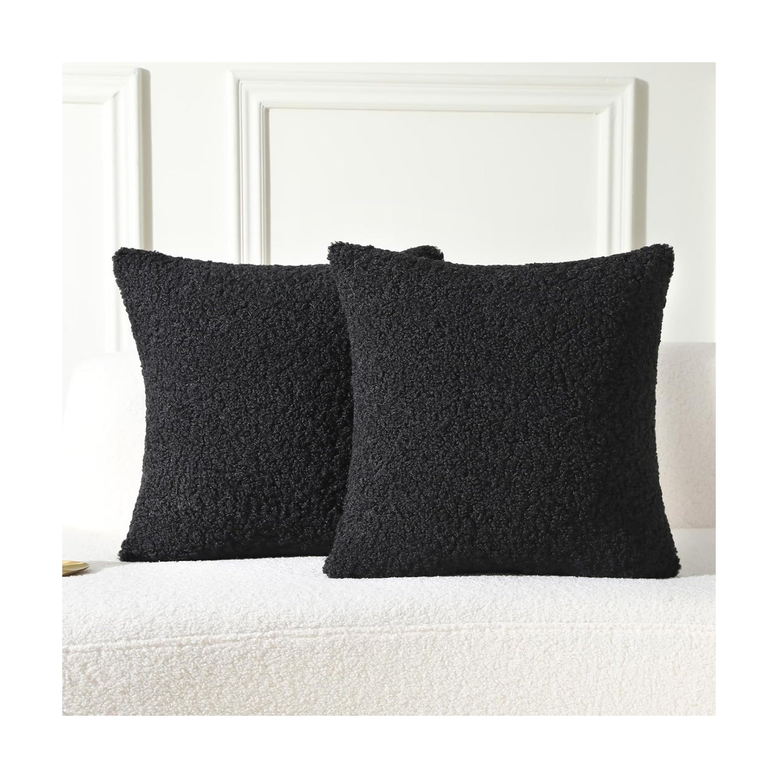 Furry Faux Fur Teddy Boucle Textured Cushion Covers / Black / 20 x 20 / Set of 2