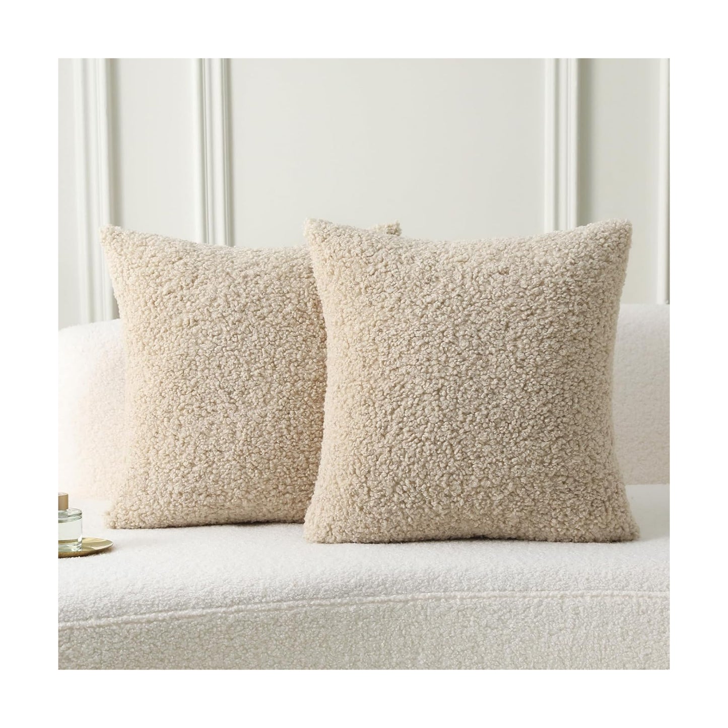 Furry Faux Fur Teddy Boucle Textured Cushion Covers / Beige / 18 x 18 / Set of 2