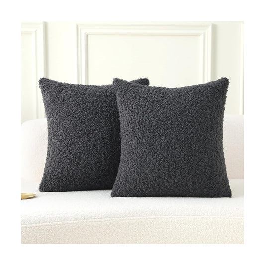 Furry Faux Fur Teddy Boucle Textured Cushion Covers / Charcoal / 16 x 16 / Set of 2
