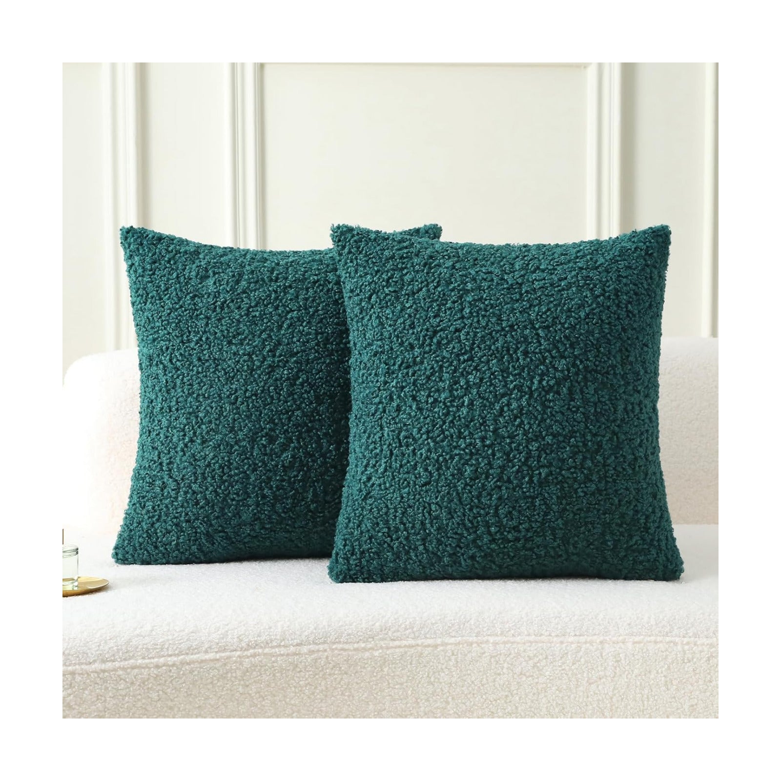 Furry Faux Fur Teddy Boucle Textured Cushion Covers / Dark Green / 18 x 18 / Set of 2