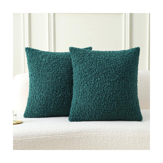 Furry Faux Fur Teddy Boucle Textured Cushion Covers / Dark Green / 18 x 18 / Set of 2