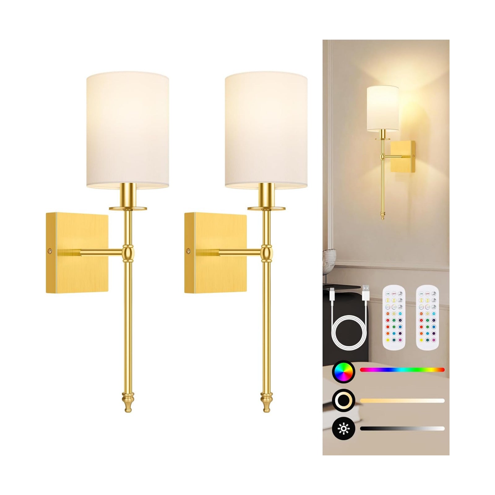 19.9 Inch Wall Sconces Battery Operated Set of 2, Gold Rechargeable Wireless Wall Sconces Lights with Remote, Not