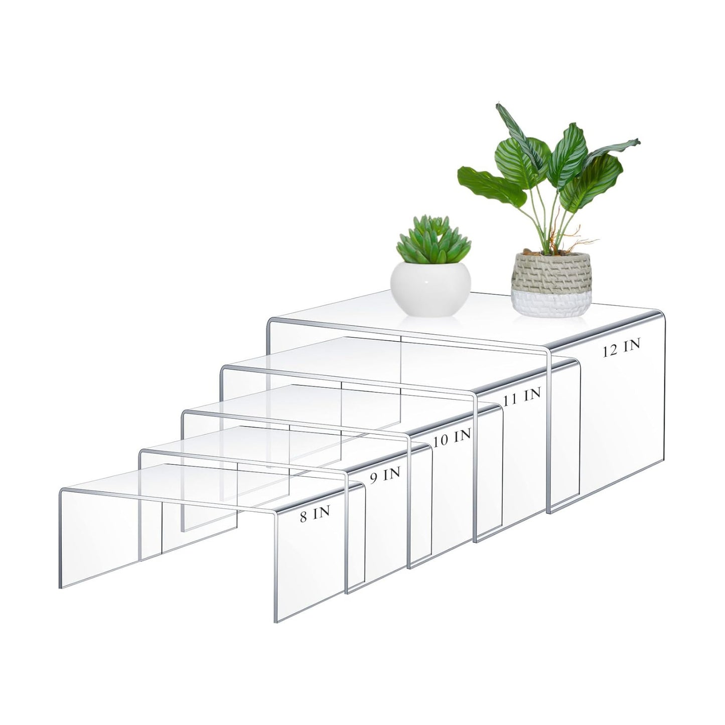 RattanView 5 Pcs Extra Large 12,11,10,9,8 Inch Acrylic Display Risers Clear Acrylic Shelf Riser Display Stands 5 mm