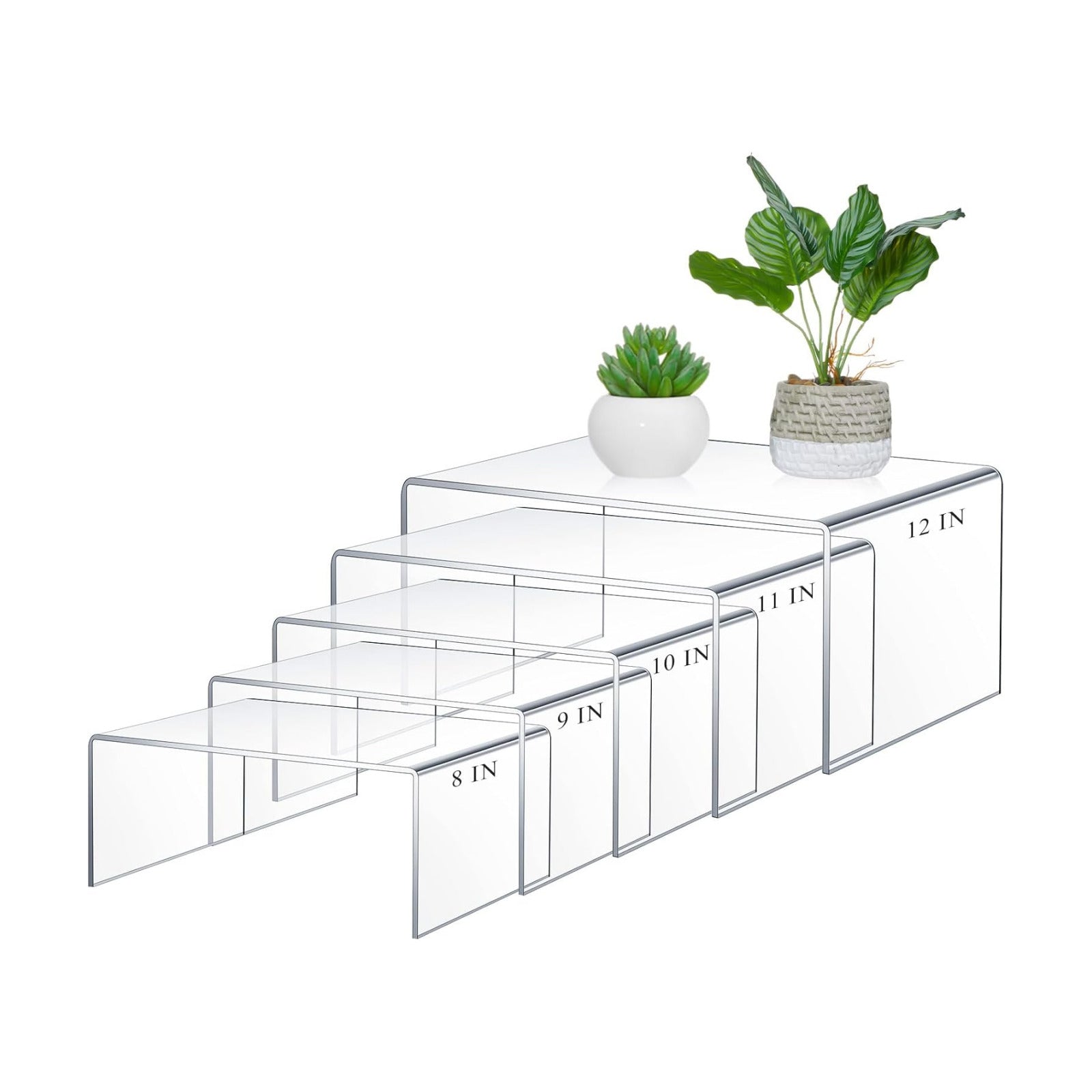 RattanView 5 Pcs Extra Large 12,11,10,9,8 Inch Acrylic Display Risers Clear Acrylic Shelf Riser Display Stands 5 mm