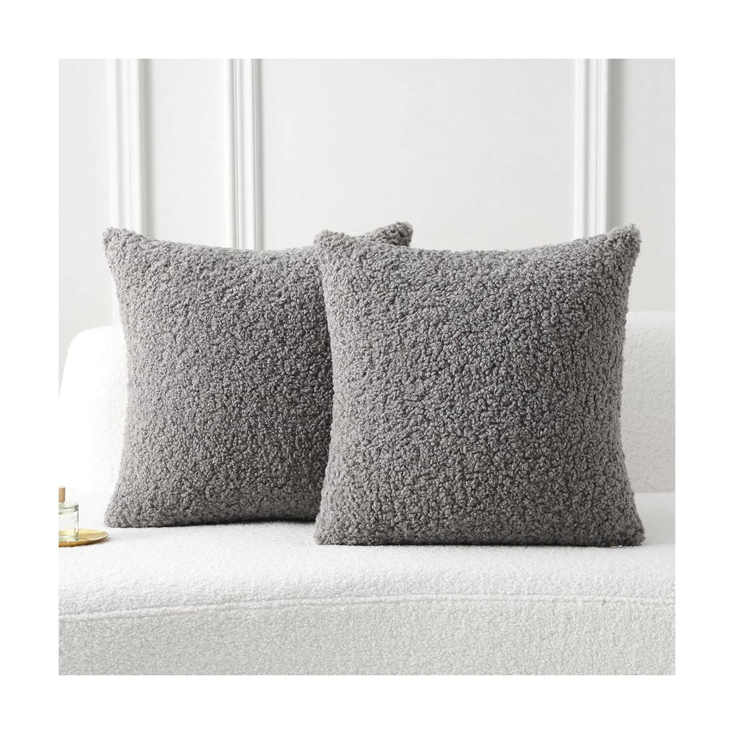 Furry Faux Fur Teddy Boucle Textured Cushion Covers / Dark Grey / 18 x 18 / Set of 2