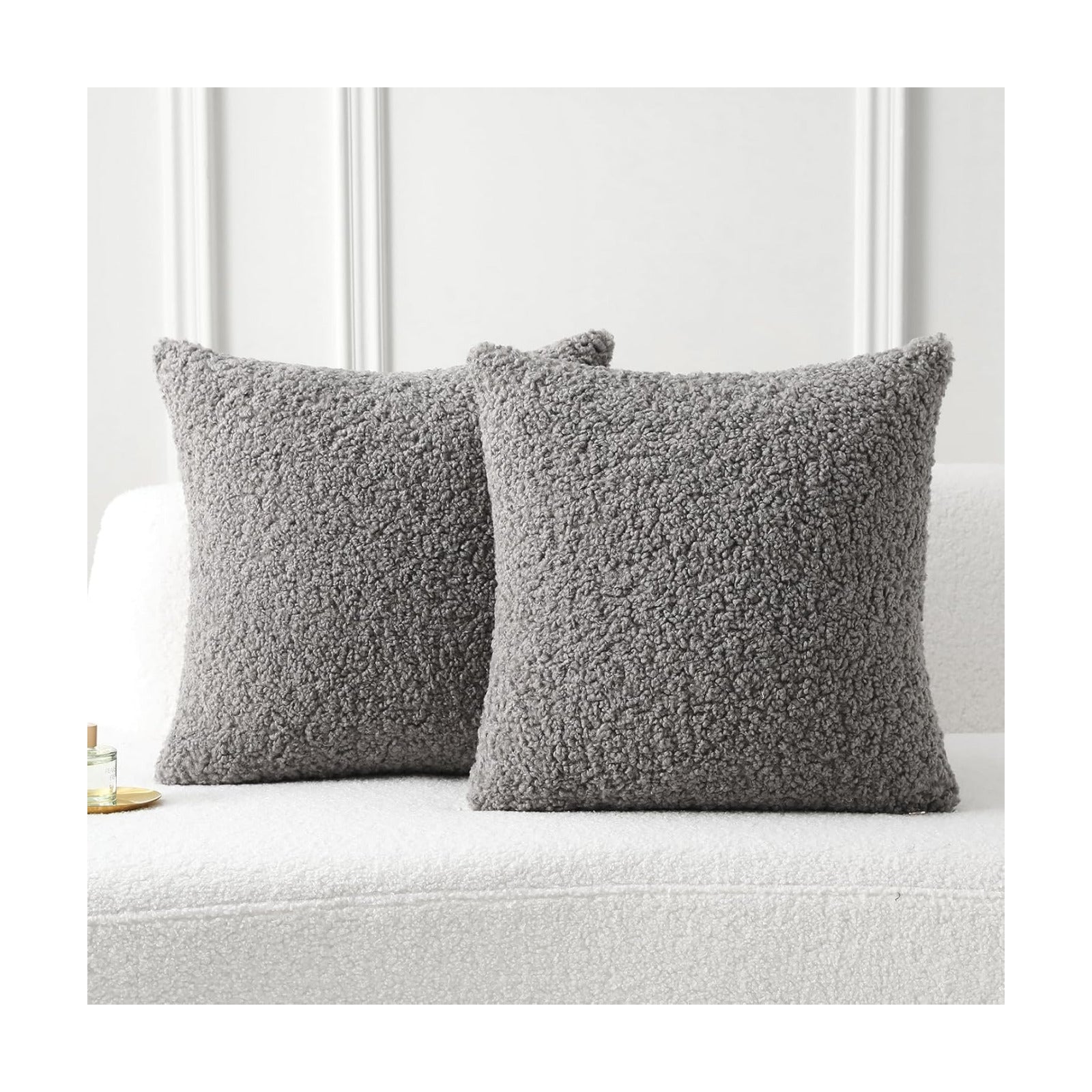Furry Faux Fur Teddy Boucle Textured Cushion Covers / Dark Grey / 18 x 18 / Set of 2