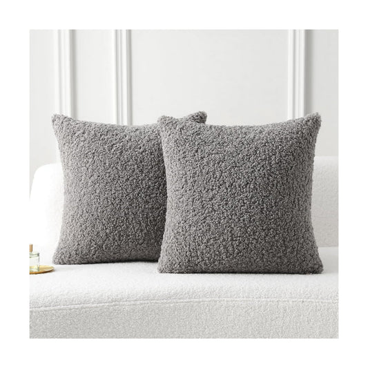 Furry Faux Fur Teddy Boucle Textured Cushion Covers / Dark Grey / 18 x 18 / Set of 2