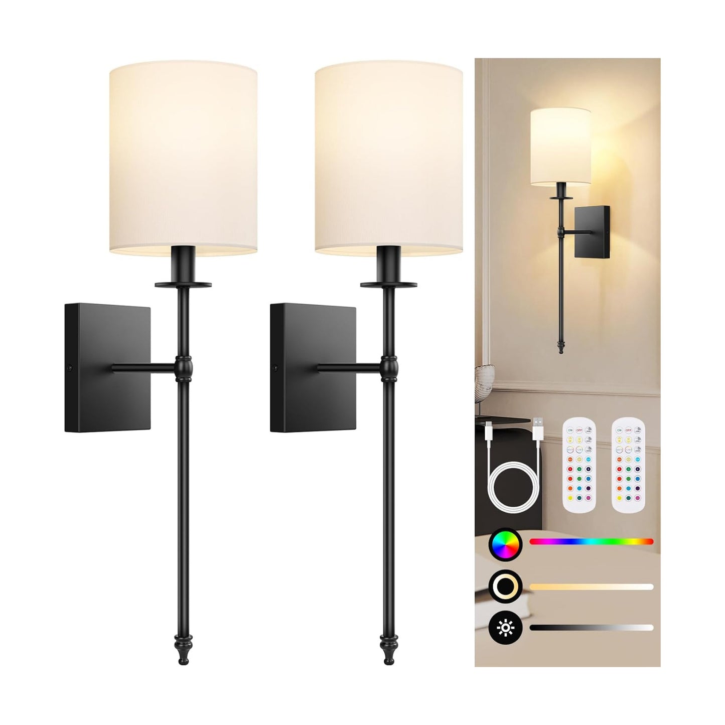 27 Inch Black Battery Operated Wall Sconces Set of 2, Rechargeable Wireless Wall Lights with Remote & White Fabric