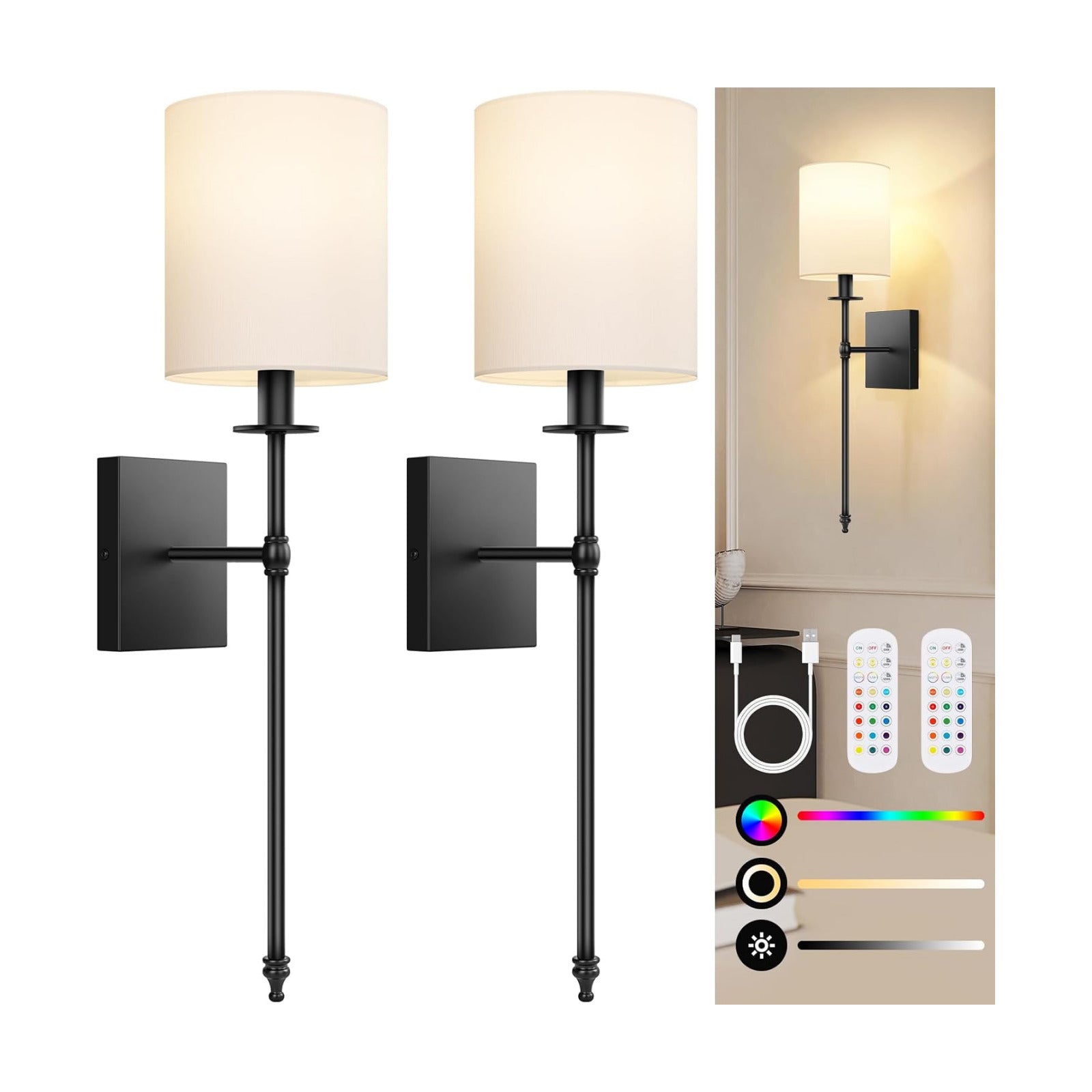 27 Inch Black Battery Operated Wall Sconces Set of 2, Rechargeable Wireless Wall Lights with Remote & White Fabric