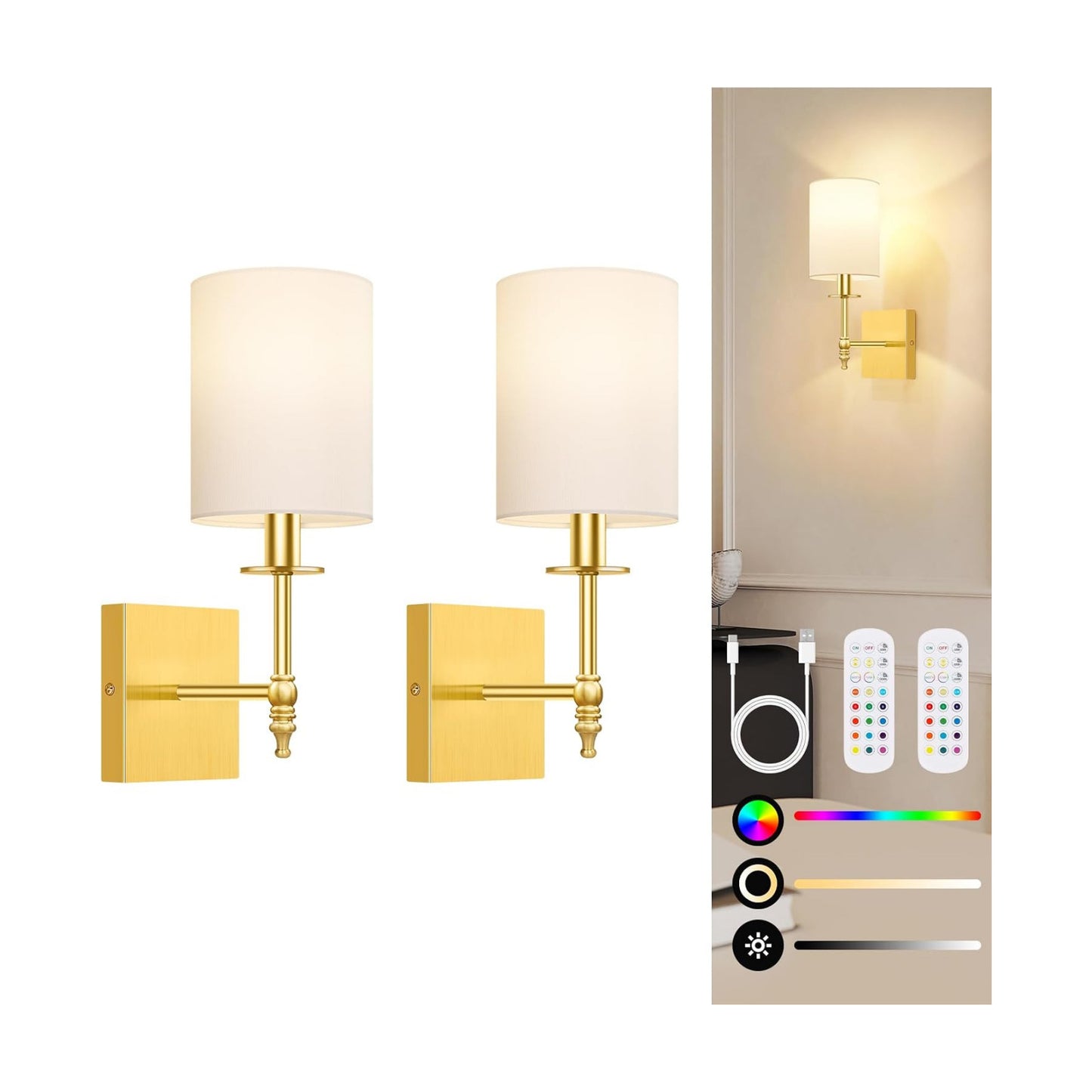 Gold Rechargeable Wall Lights with Remote, Battery Operated Wall Sconces Set of 2, Wireless Wall Lamps with 15 Color