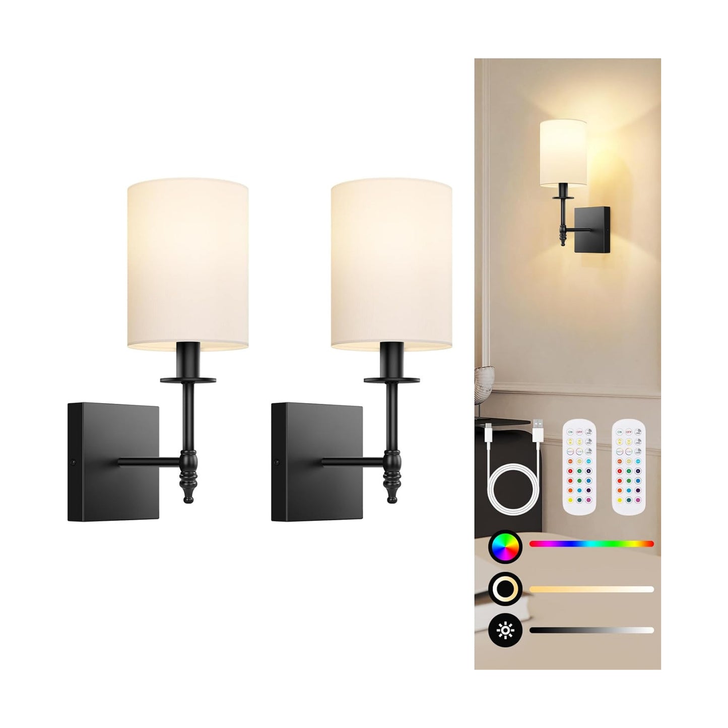14 Inch Black Battery Operated Wall Sconces Set of 2, Rechargeable Wireless Wall Lights with Remote & White Fabric