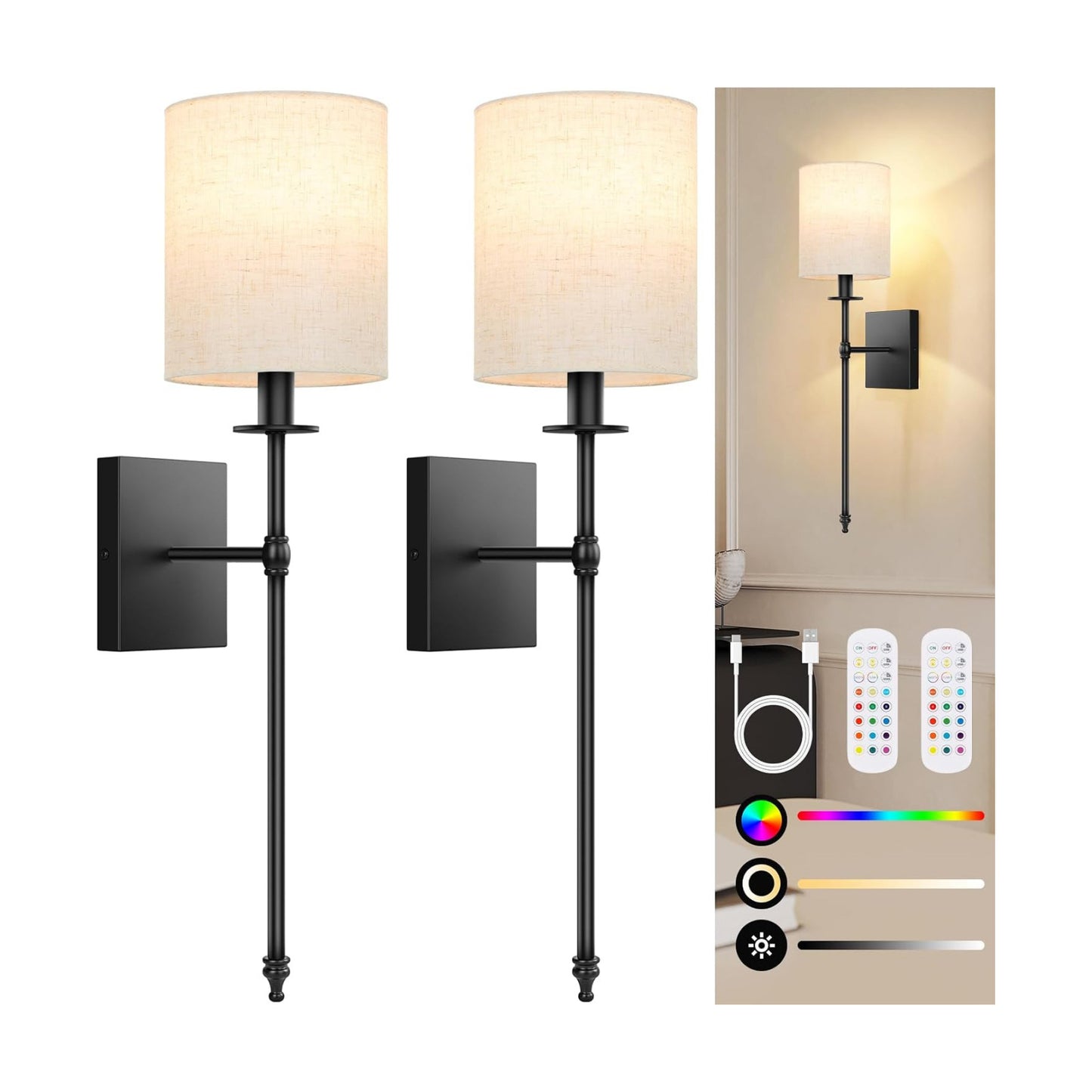 27 inch Battery Operated Wall Sconces Set of 2 with Remote, Rechargeable Wireless Wall Lights with Beige Fabric Shade