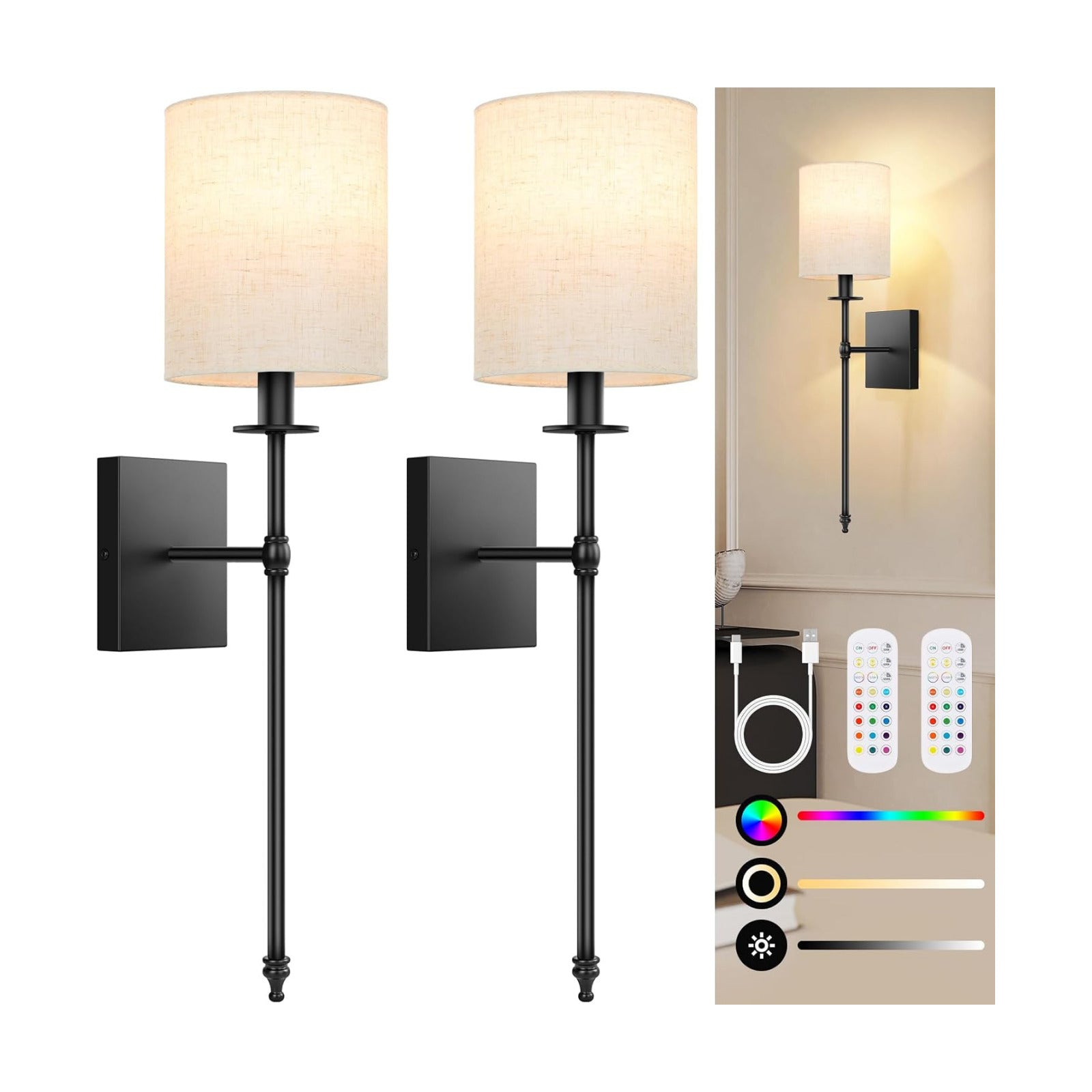 27 inch Battery Operated Wall Sconces Set of 2 with Remote, Rechargeable Wireless Wall Lights with Beige Fabric Shade