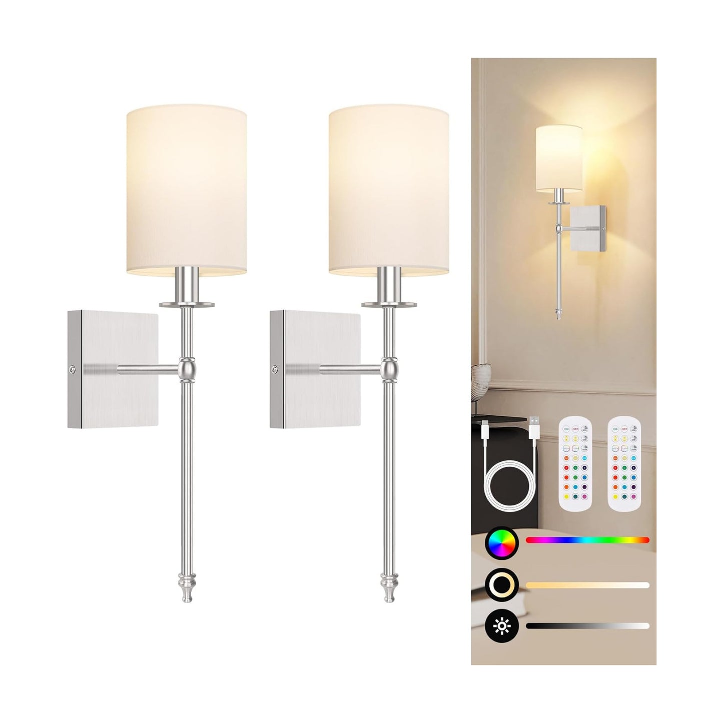 19 Inch Battery Operated Wall Sconces Set of 2 with Remote, Brushed Nickel Rechargeable Wireless Wall Lights with White