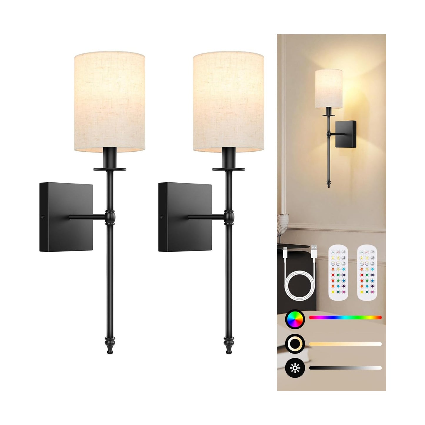 19 Inch Black Battery Operated Wall Sconces Set of 2, Rechargeable Wireless Wall Lights with Remote & White Fabric