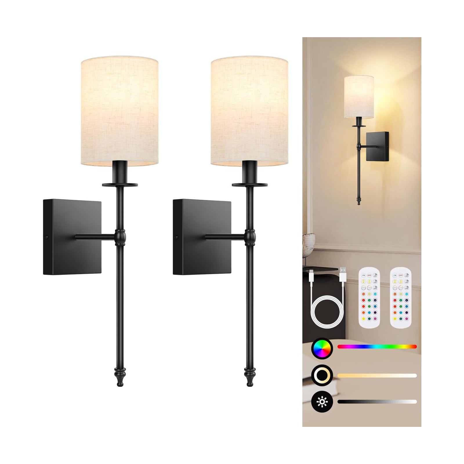 19 inch Battery Operated Wall Sconces Set of 2 with Remote, Rechargeable Wireless Wall Lights with Beige Fabric Shade