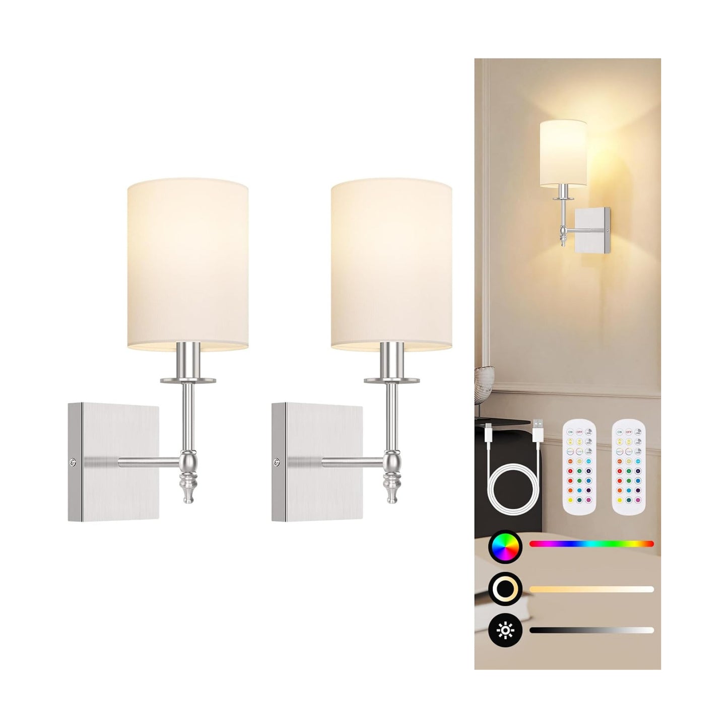 14 Inch Battery Operated Wall Sconces Set of 2 with Remote, Brushed Nickel Rechargeable Wireless Wall Lights with White