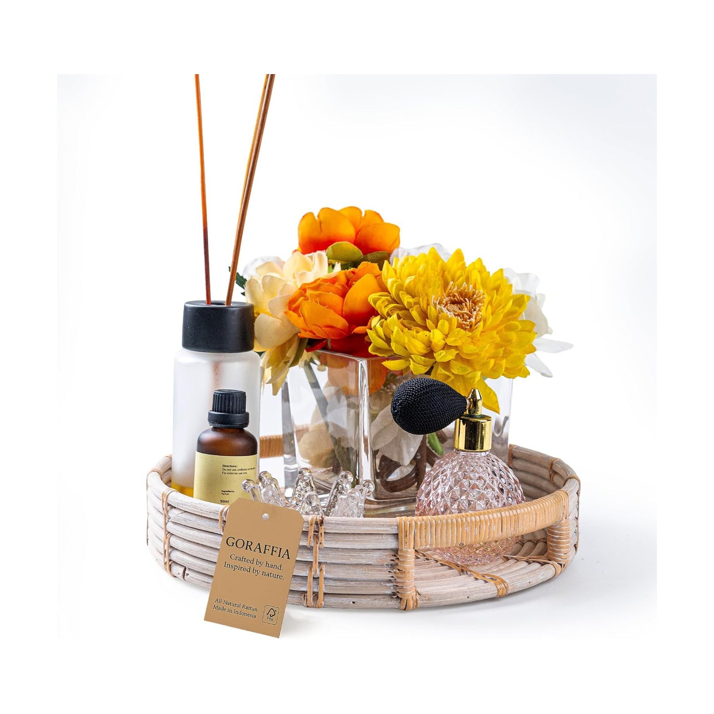 Round Rattan Tray / Washed White / 11 x 11 x 2