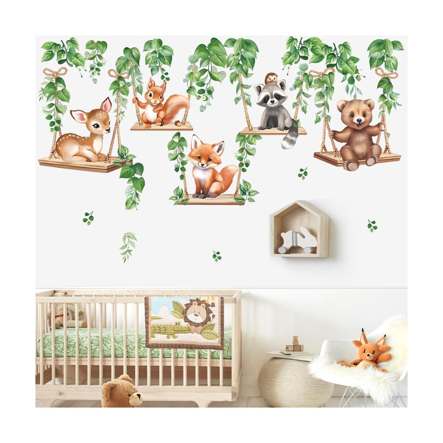 Woodland Wall Stickers Baby Bear Deer Fox Leaves Peel and Stick Wall Art Decals / Animal On Swings
