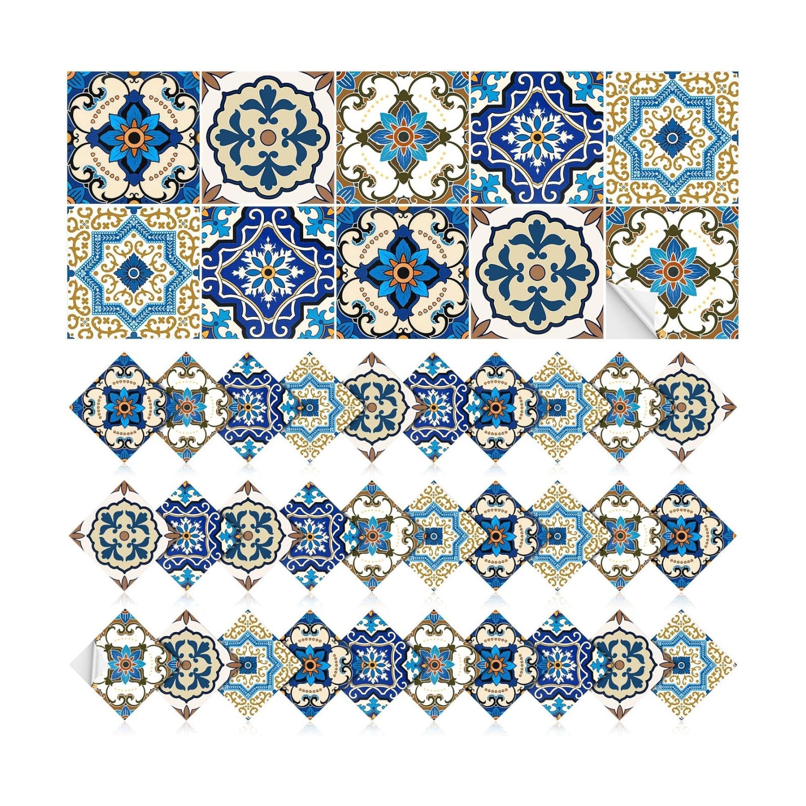Colorful Talavera Tile Handpainted 10 Designs Peel and Stick Wall Tile / Classic / 4 x 4 / Set of 60
