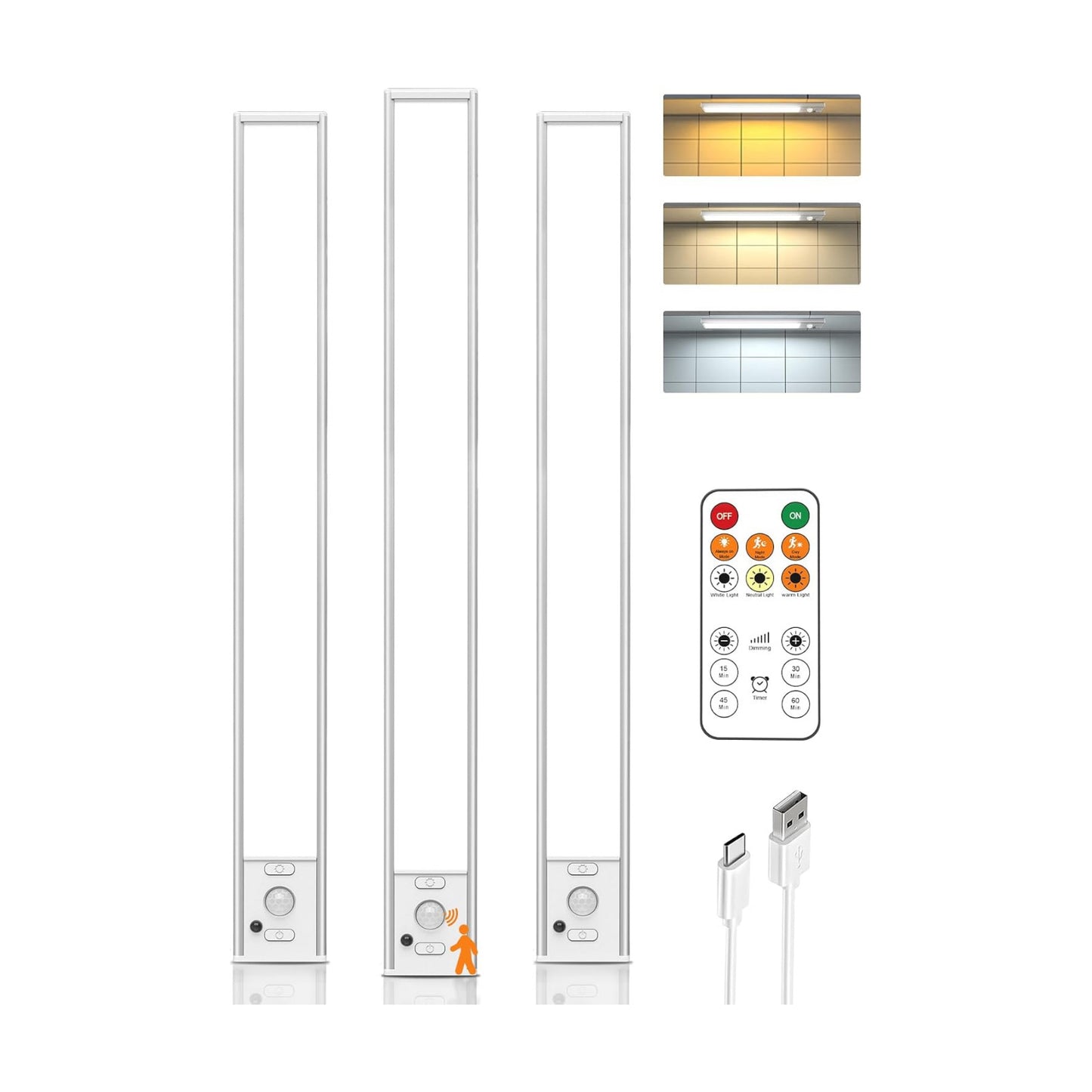 16" Under Cabinet Lighting Rechargeable 3 Pack Motion Sensor Light Indoor | Closet Lights Wireless with Remote