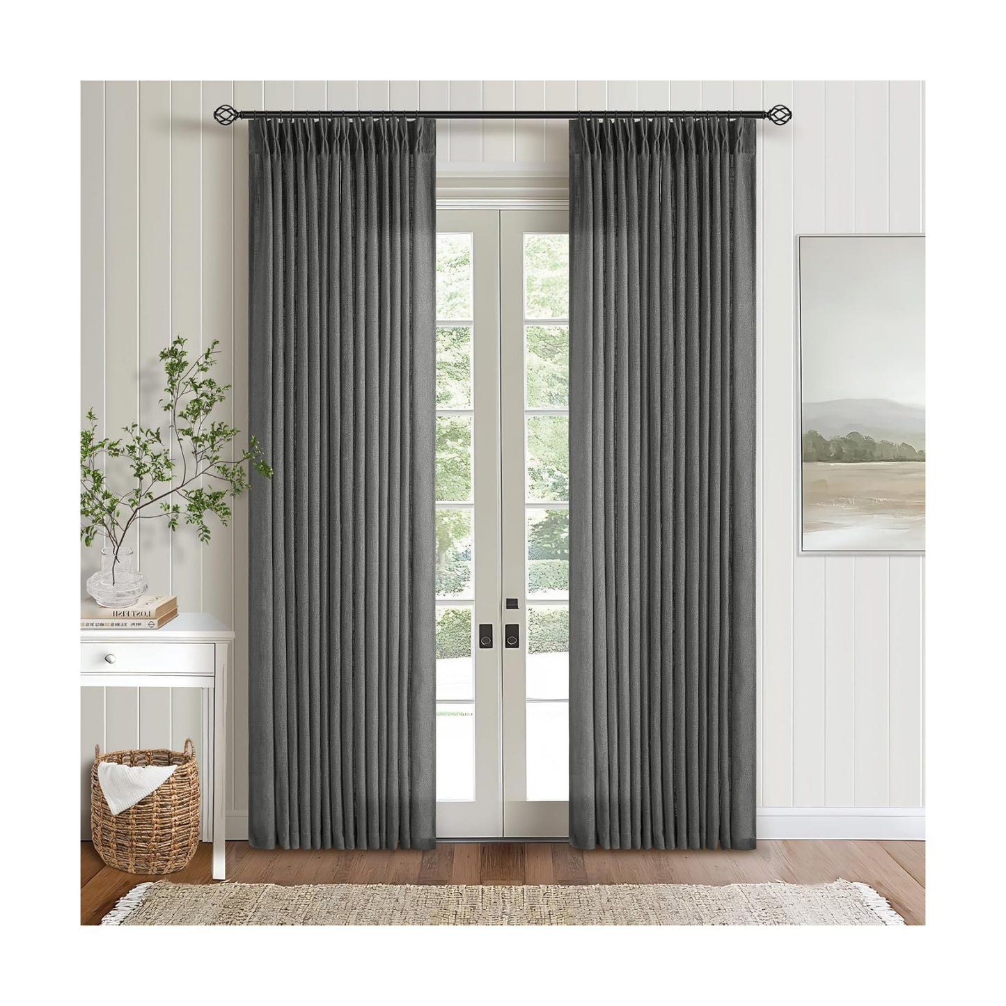 Charcoal Grey 84 Inch Pinch Pleated Linen Semi Sheer Curtains 2 Panel Set