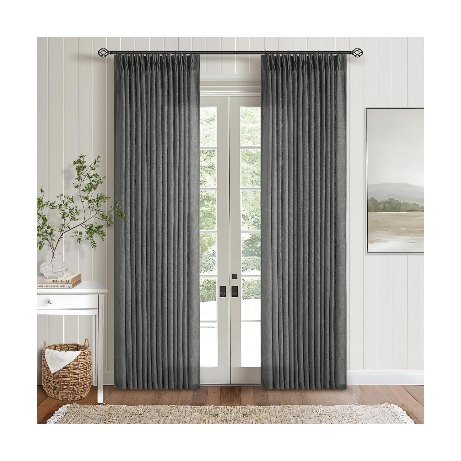 Charcoal Grey 84 Inch Pinch Pleated Linen Semi Sheer Curtains 2 Panel Set