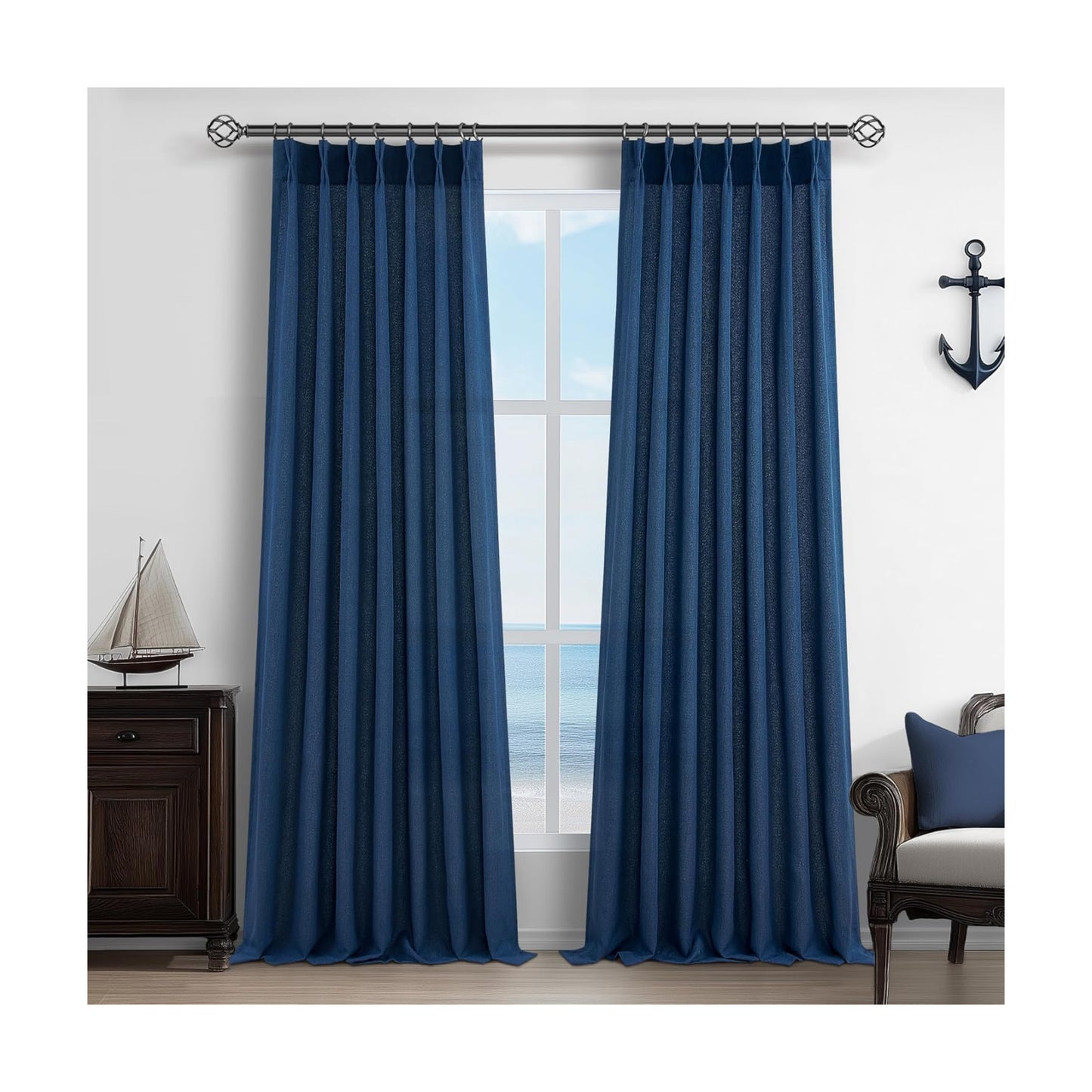 Navy Extra Long Light Filtering Sheer Curtains 108 Inches Long for Living Room 2 Panels with Ceiling Track, Textured