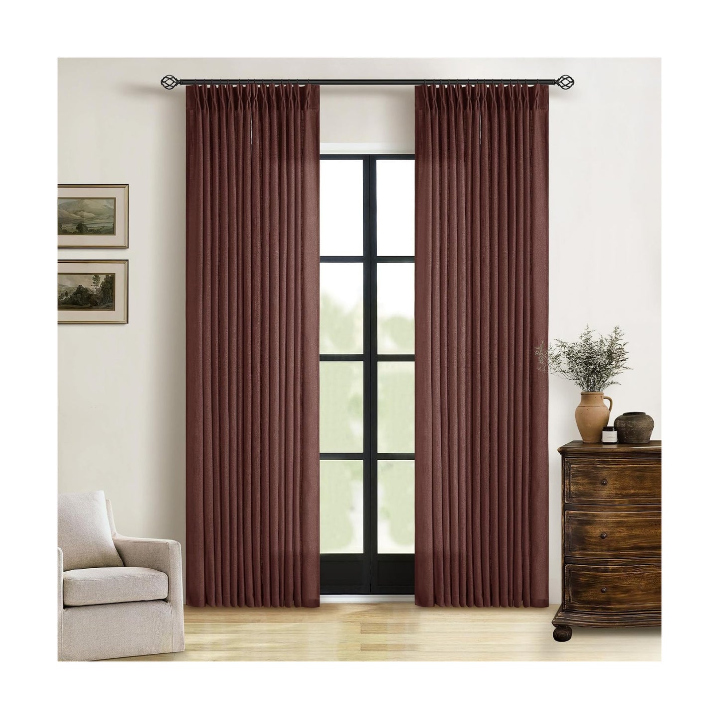 Chestnut Brown 84 Inch Pinch Semi Sheer Pleated Linen Curtains 2 Panel Set