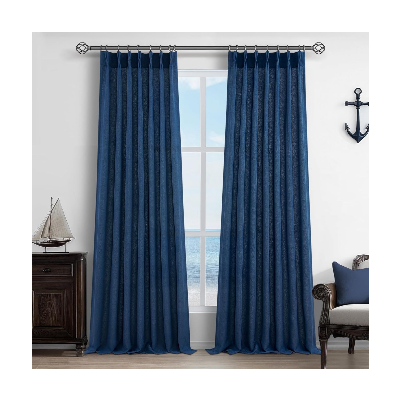 Pinch Pleated Denim Blue Curtains 102 Inches Long for Sliding Glass Doors 2 Panels Set, Modern Natural Linen Blend