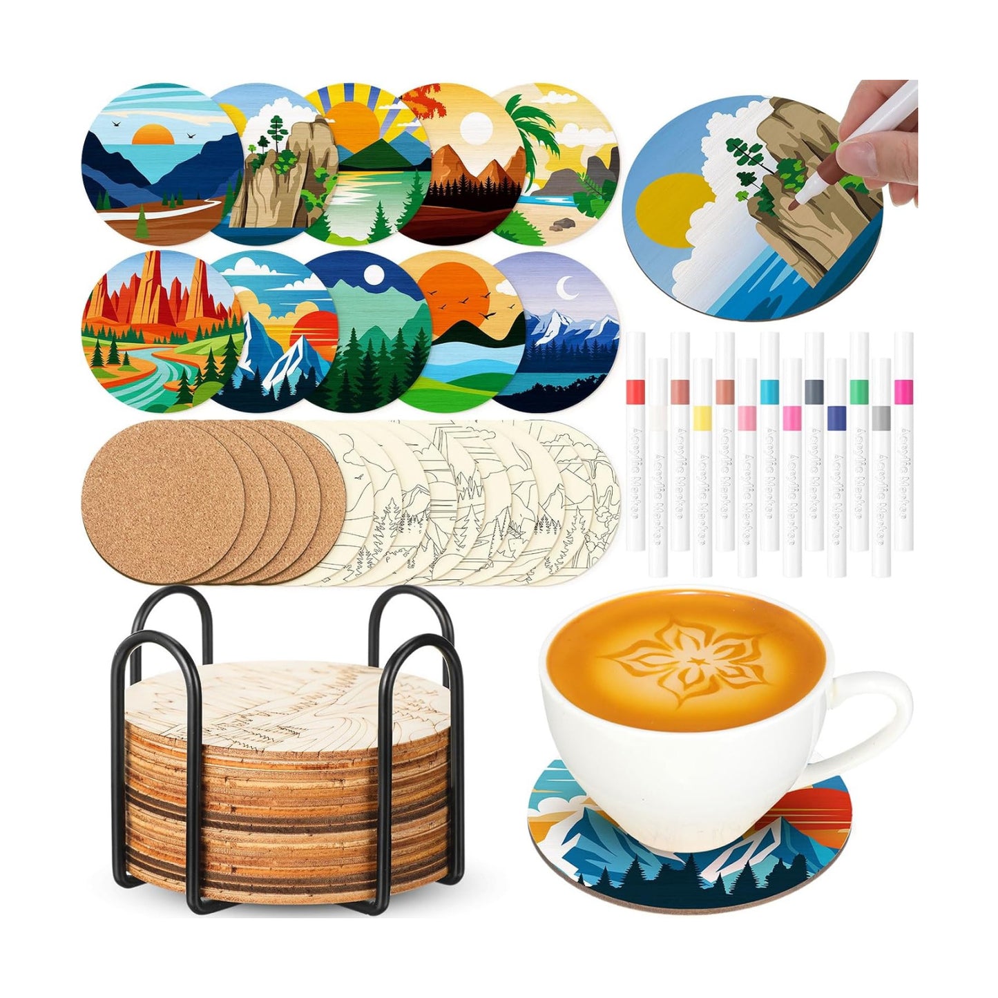 Wooden Coasters Painting Kit / Landscape / 4 Inch / Set of 45