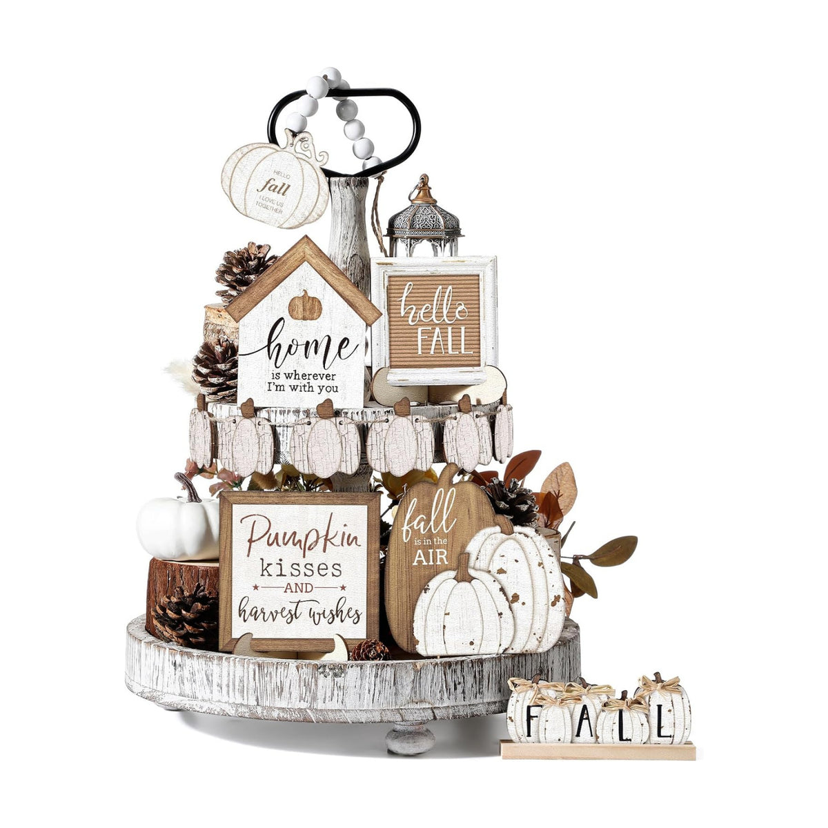 Reallnaive 18 Pcs Fall Thanksgiving Tiered Tray Decor Set Pumpkin Wood Sign Hello Fall Rustic Farmhouse Tray Decoration Tabletop Sign for Autumn Home Kitchen Festival (Neutral)