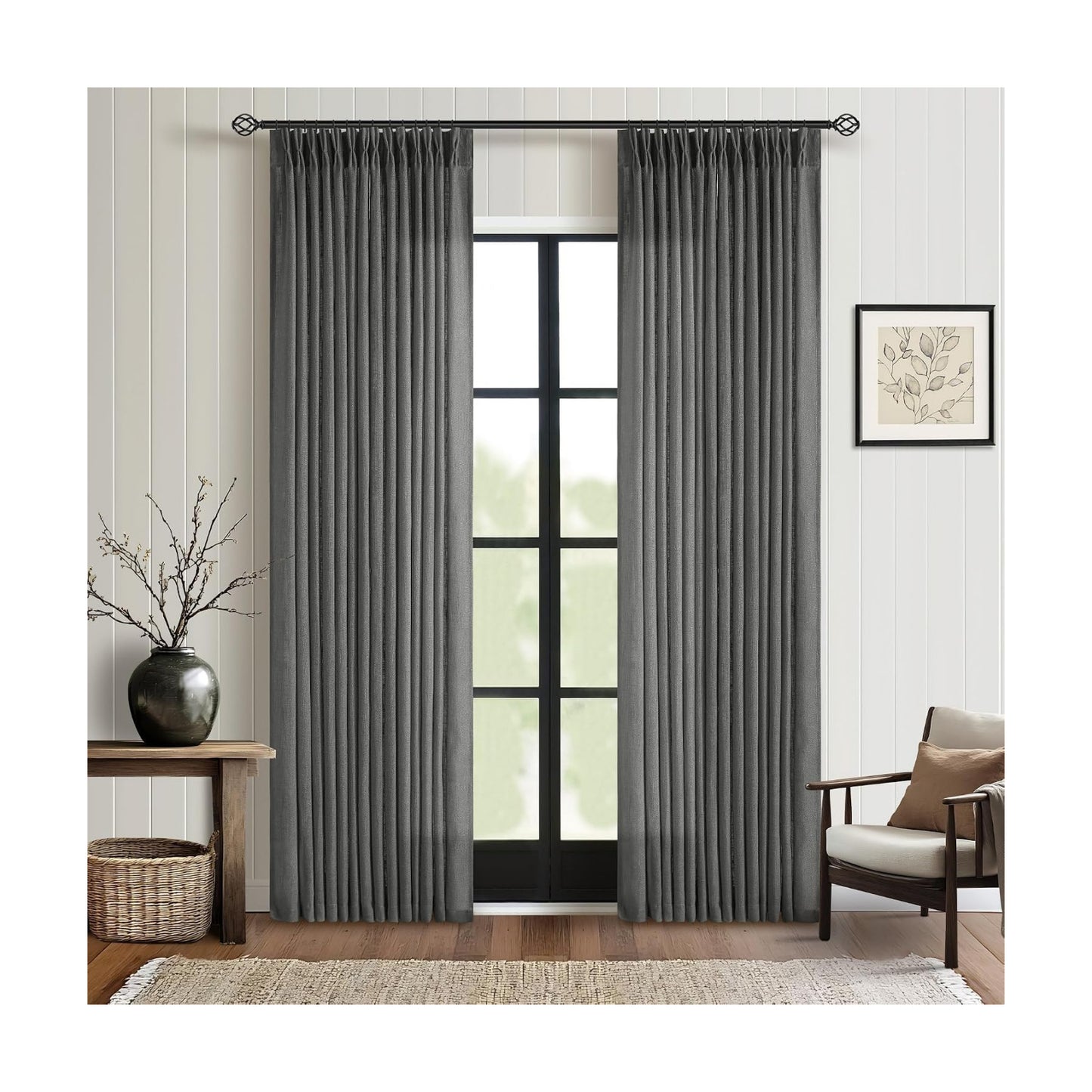 Dark Grey 80 Inch Pinch Pleated Linen Semi Sheer Curtains 2 Panel Set