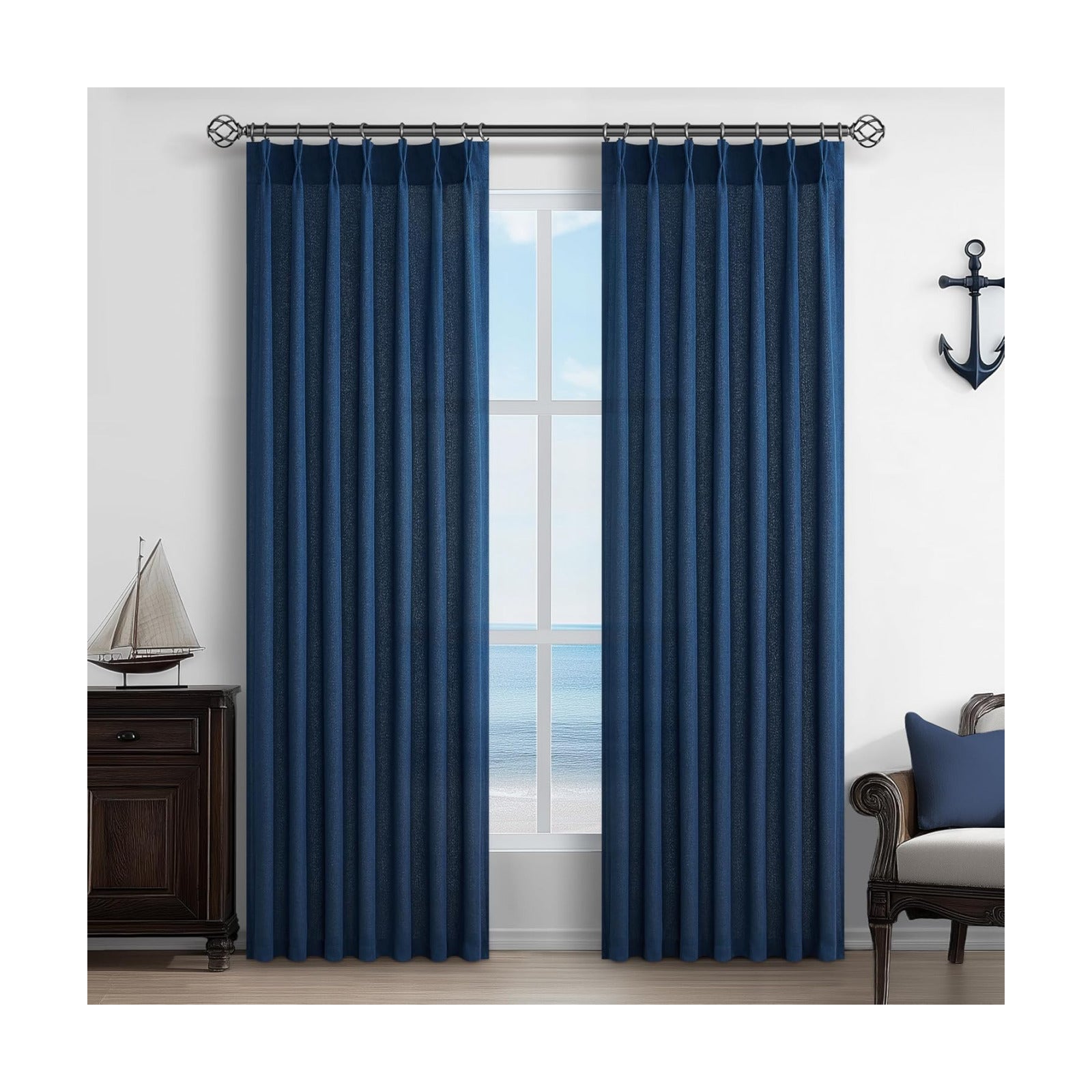 Pleat Sheer Denim Blue Curtains 84 Inch Length 2 Panels Set for Living Room, Elegant Pinch Pleated Textured Linen