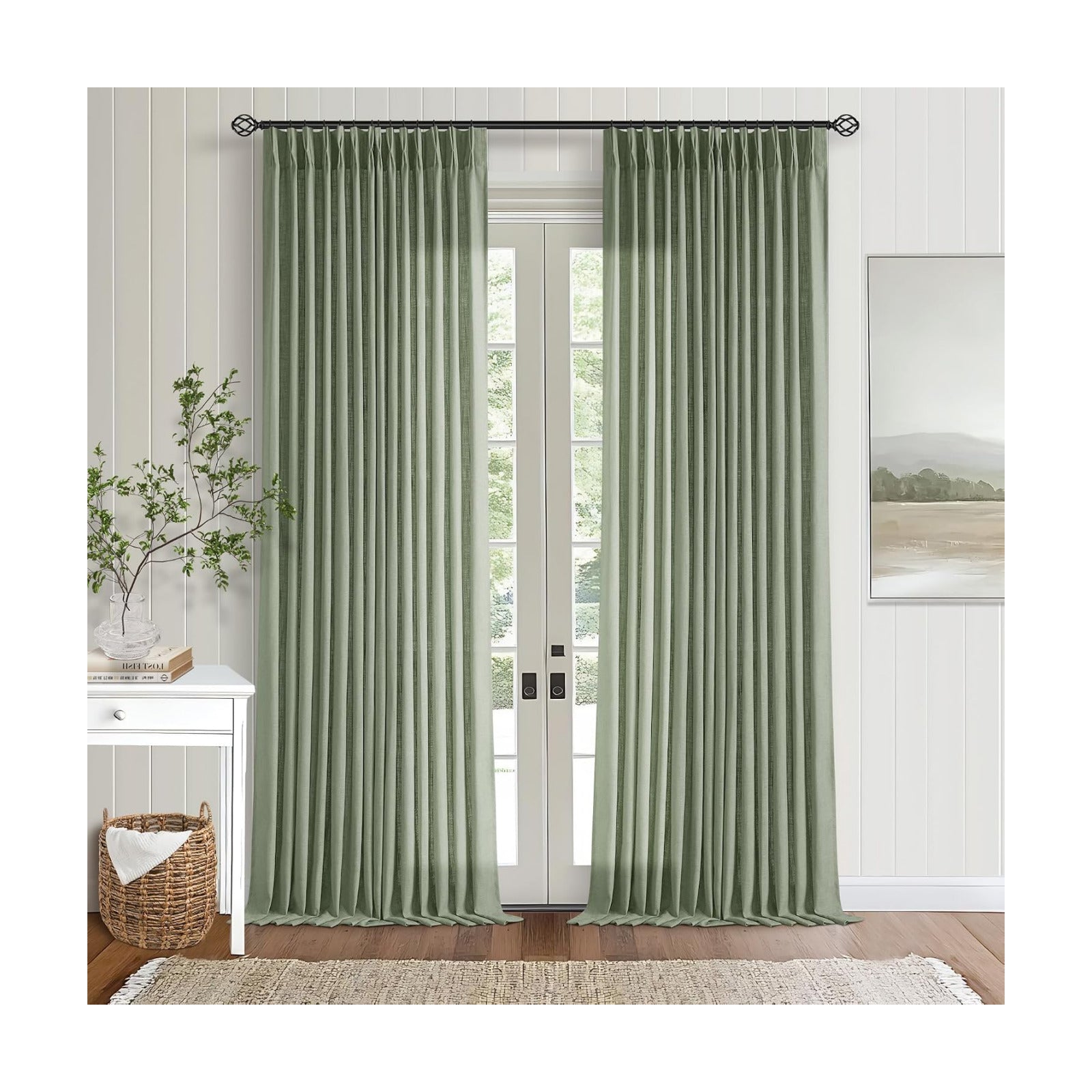 Sage Green Pinch Pleat Linen Semi Sheer Curtains 90 Inches Long 2 Panels