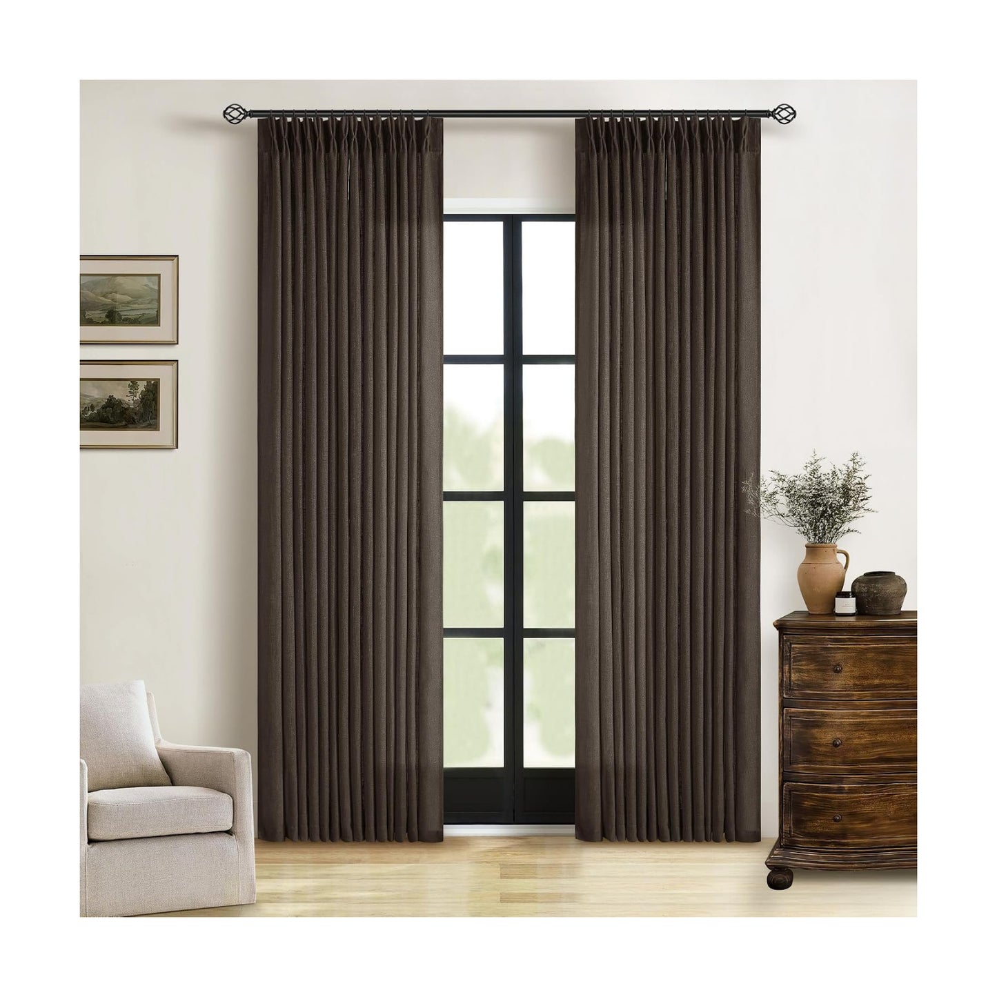 Dark Chocolate 80 Inch Pinch Pleated Semi Sheer Linen Curtains 2 Panels