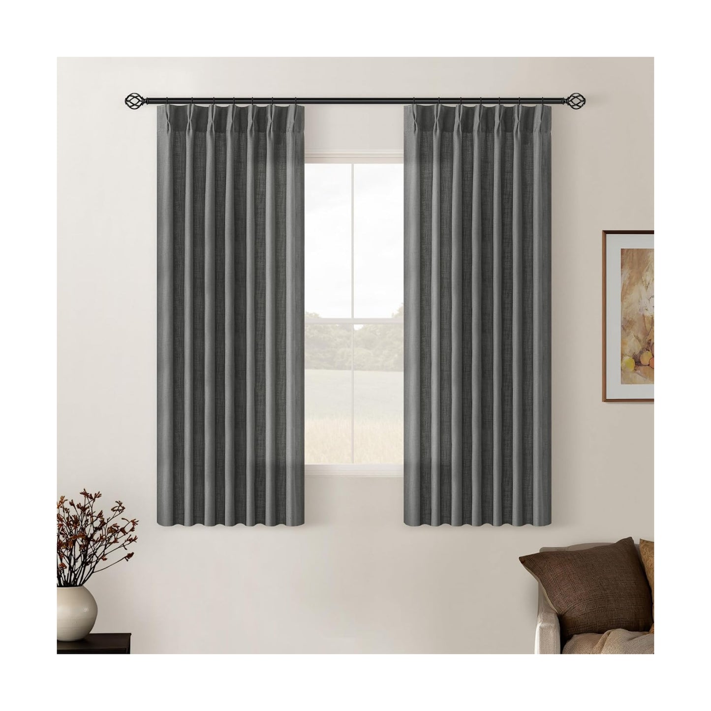 Charcoal Grey Pleated Linen Semi Sheer Curtains 45 Inch Length 2 Panels