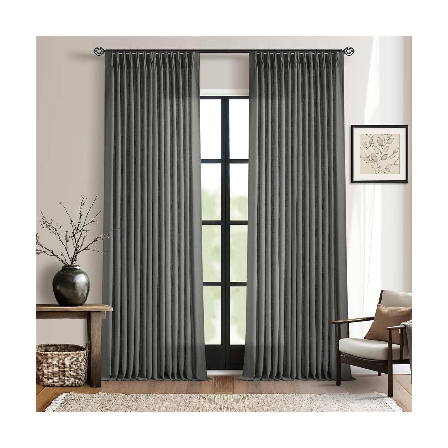 Dark Gray Linen Pinch Pleated Light Filter Curtains 96 Inches Long 2 Panels