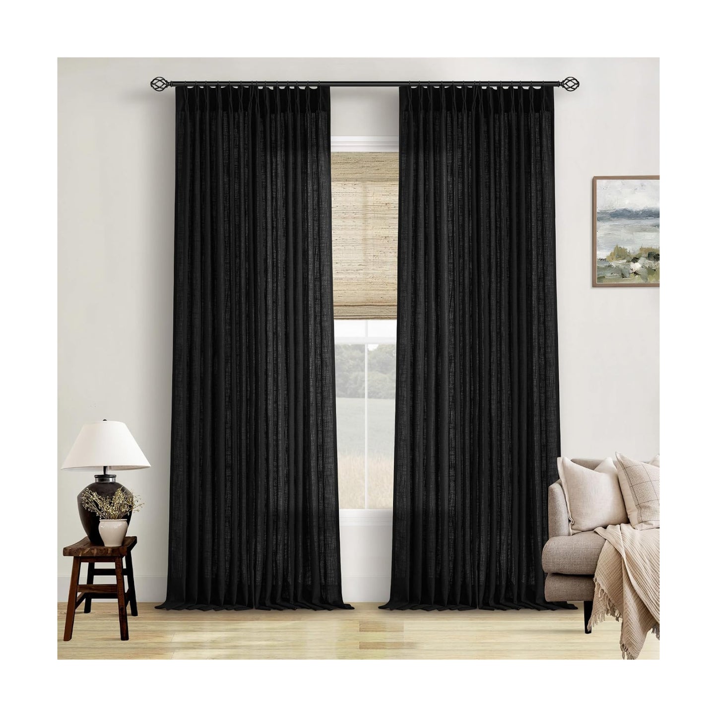 TWODRAPES Black Pinch Pleated Linen Semi Sheer 90 Inch Curtains 2 Panels
