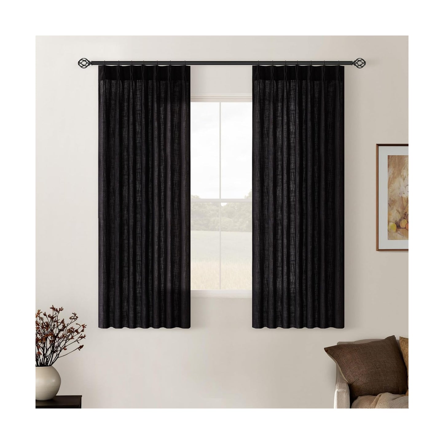 Black Pinch Pleated Linen Semi Sheer Curtains 45 Inch Length 2 Panels Set