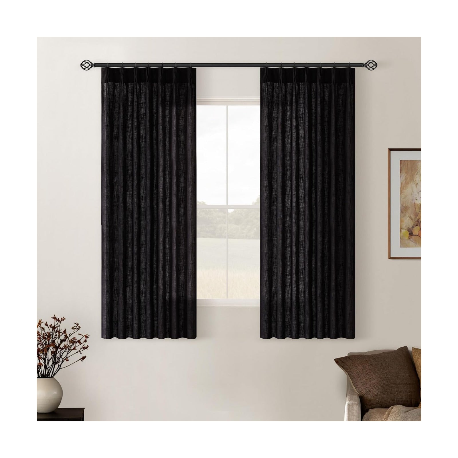 Black Pinch Pleated Linen Semi Sheer Curtains 45 Inch Length 2 Panels Set