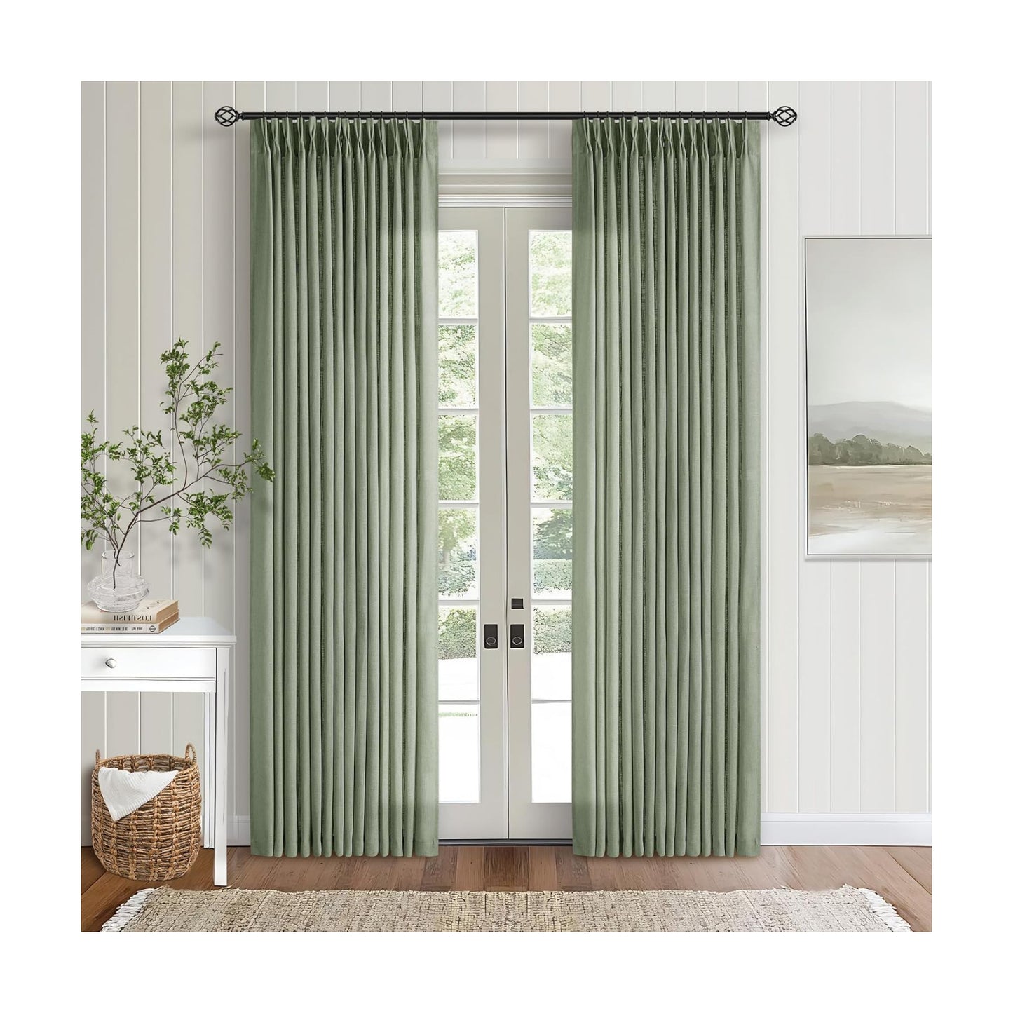 Sage Green Pinch Pleated Linen Light Filtering Curtains 80 Inches Long