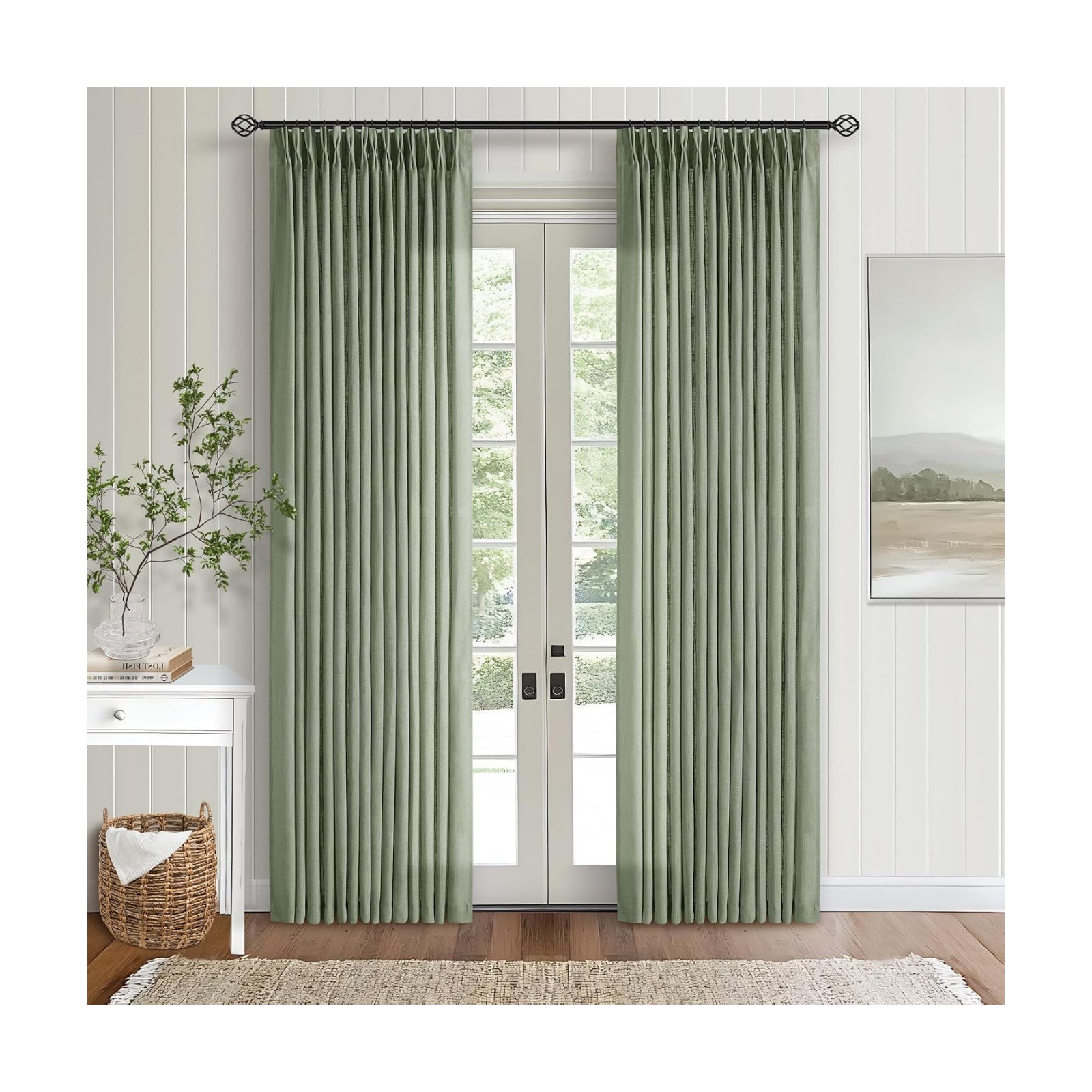 Sage Green Pinch Pleated Linen Light Filtering Curtains 80 Inches Long