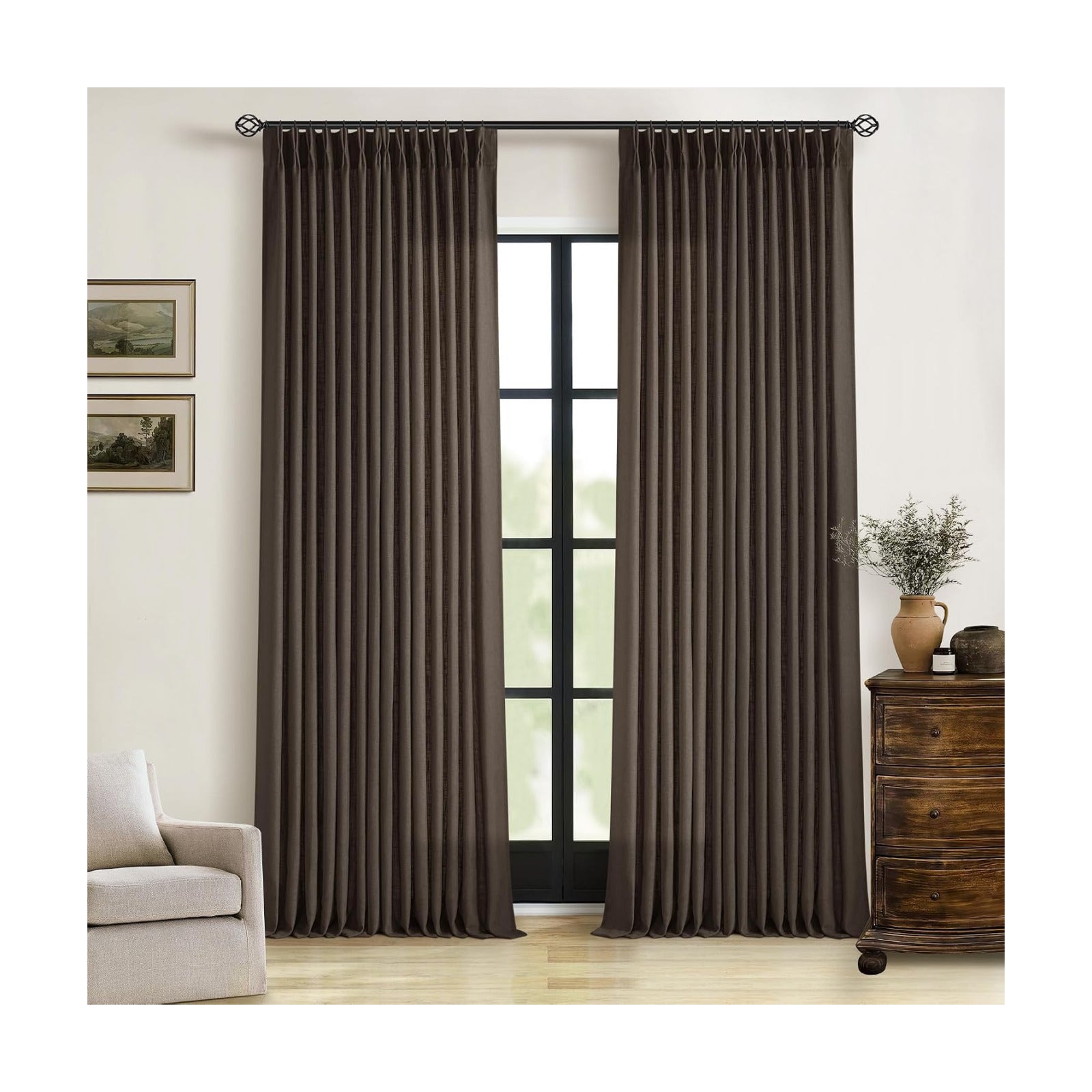 Dark Chocolate 96 Inch Pinch Pleated Semi Sheer Linen Curtains 2 Panels