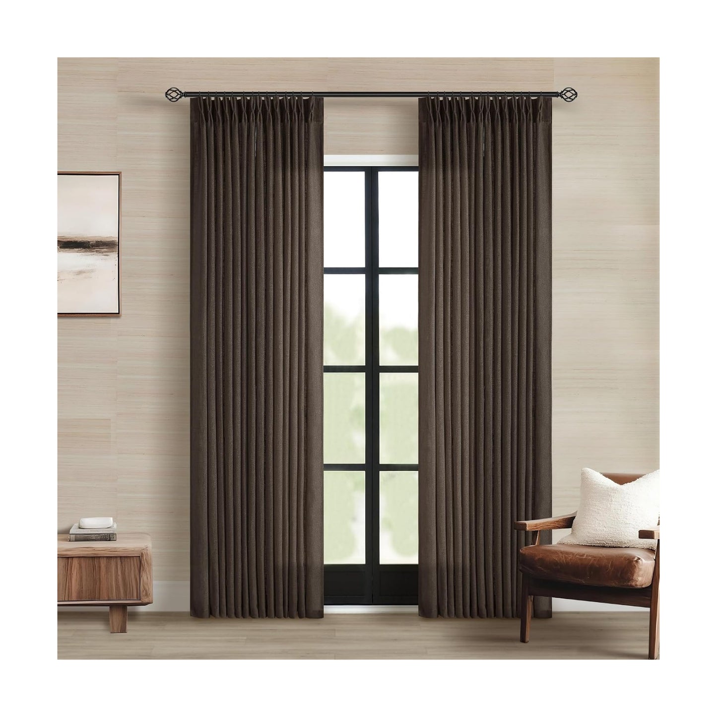 Dark Chocolate 84 Inch Pinch Pleated Semi Sheer Linen Curtains 2 Panels